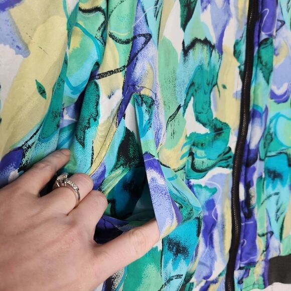 Silk World Abstract Graphic Pattern Ribbed Trim Bomber Jacket Blue Green Large - Picture 6 of 12